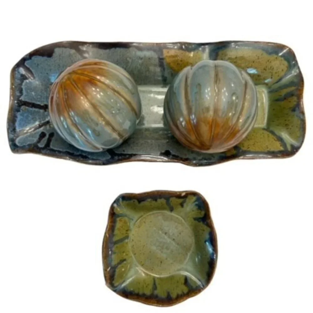 McCullough Vintage Pottery Stoneware Footed Tray, Round Balls, Dish Drip Pattern